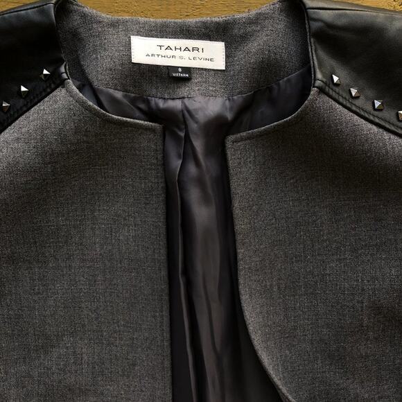 Tahari Grey with Black Leather and Stud Accent Open Front Jacket size 8 - Picture 3 of 3
